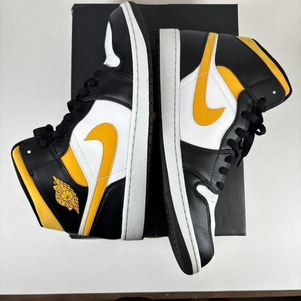Air Jordan 1 Mid White/Pollen Black Men's US 13 University Gold Shoes 554724-177